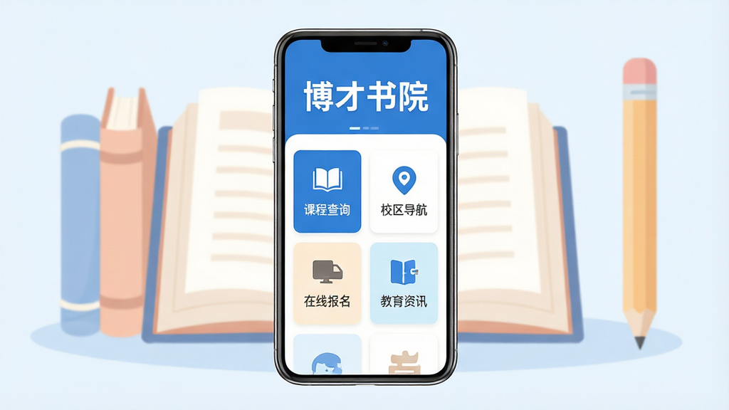 博才书院软件主界面展示,画面中央是一台智能手机,屏幕显示蓝白配色的教育类App首页,顶部有“博才书院”四个醒目的中文字,下方排列着课程查询、校区导航、在线报名、教育资讯四个功能卡片,背景是柔和的书本与铅笔插画风格,整体布局简洁对称,采用扁平化设计,细节干净,画质清晰,无多余元素