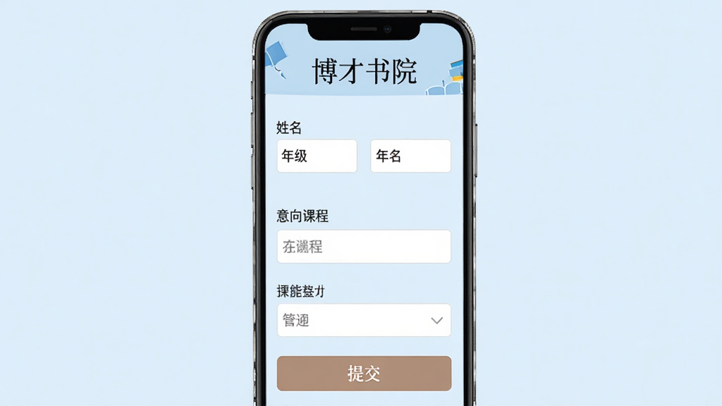 博才书院在线报名界面展示,手机屏幕显示报名表单,包含姓名、年级、意向课程等输入框,底部有提交按钮,页面顶部显示“博才书院”文字,背景为淡蓝色,风格简洁,布局清晰,细节干净,画质清晰,无多余元素