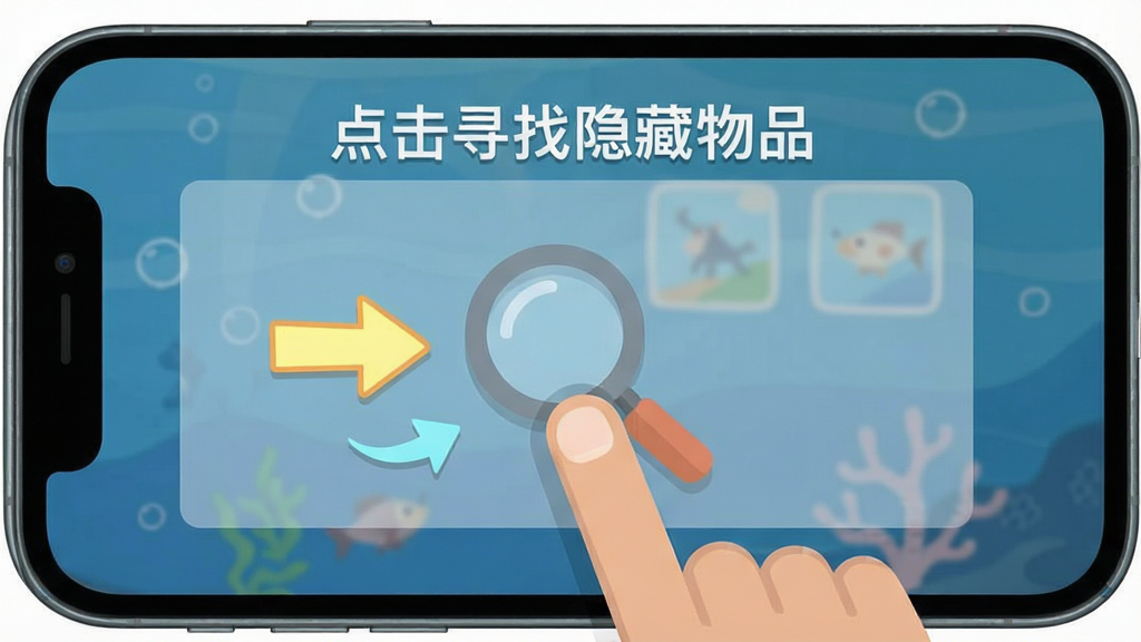 ��������Ϸ���ֽ̳̽��棬����Ϊһֻ��ָ�����Ļ�ϵķŴ�ͼ�꣬����Ϊ�ֻ���Ļ��д���Ű�չʾ��Ϸ�������֡����Ѱ��������Ʒ�������Ϊ��ƽ��UI��ƣ�ϸ�ڰ�����������ʾ��ͷ�Ͱ�͸�������ֲ㣬���ʸ��壬�ɾ����޶���Ԫ�ء�