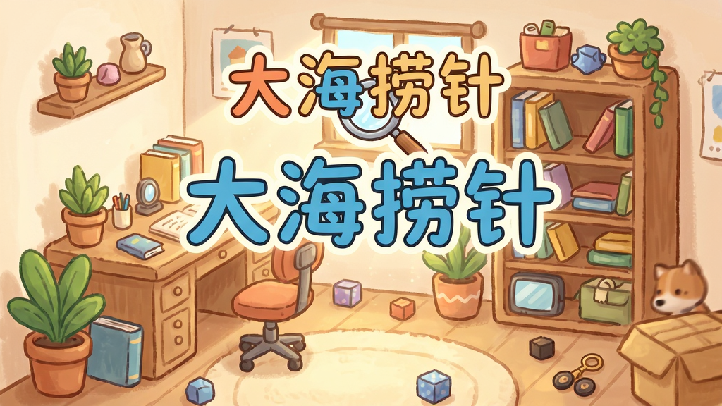 大海捞针游戏主界面预览图,主体为一个手绘风格的杂乱房间场景,布局包含书桌、书架、盆栽和散落的小物件,排版居中展示游戏标题“大海捞针”,风格为清新治愈的卡通插画,细节包含放大镜图标和柔和的暖色调光影,画质高清,干净,无多余元素。