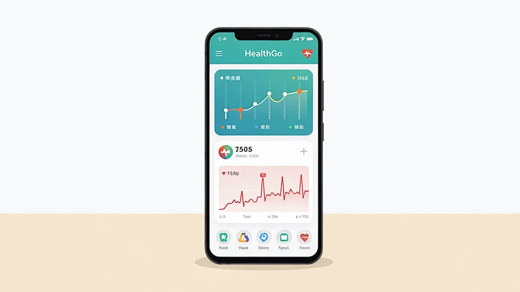 主体为一部安卓手机置于画面中央,屏幕显示HealthGo应用主界面,界面中有健康数据图表与心率曲线,布局采用居中构图,手机下方有浅色桌面背景,排版整洁,风格为现代科技感扁平插画,细节包括手机边框圆角、界面元素清晰、数据图标精致,画质高清、干净、无多余元素
