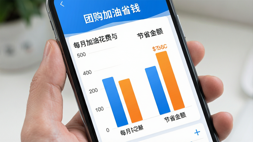手机屏幕显示数据统计图表,柱状图展示每月加油花费与节省金额对比,顶部有