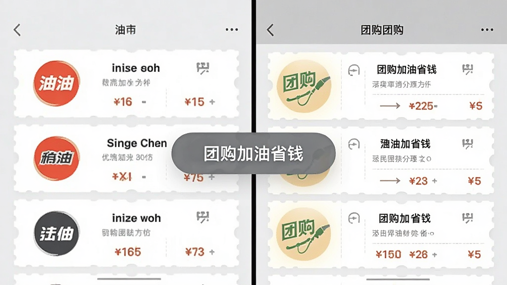 手机分屏对比界面,左侧显示不同油站品牌logo和价格,右侧显示团购平台优惠券信息,中间有
