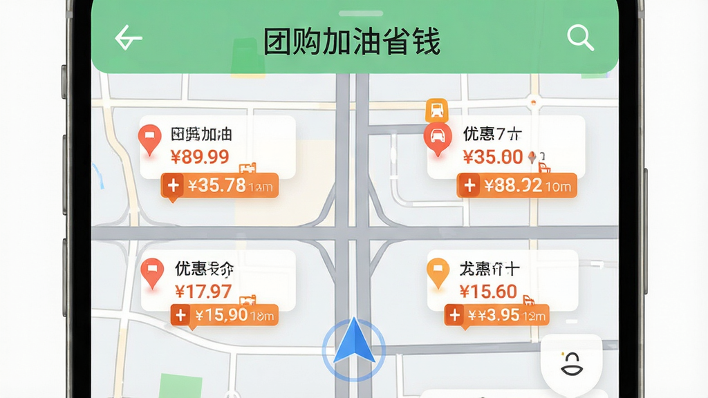 手机地图界面显示多个加油站标记点,每个标记旁标注价格和优惠金额,地图风格简洁,道路清晰,有一个定位箭头指向用户当前位置,界面顶部有