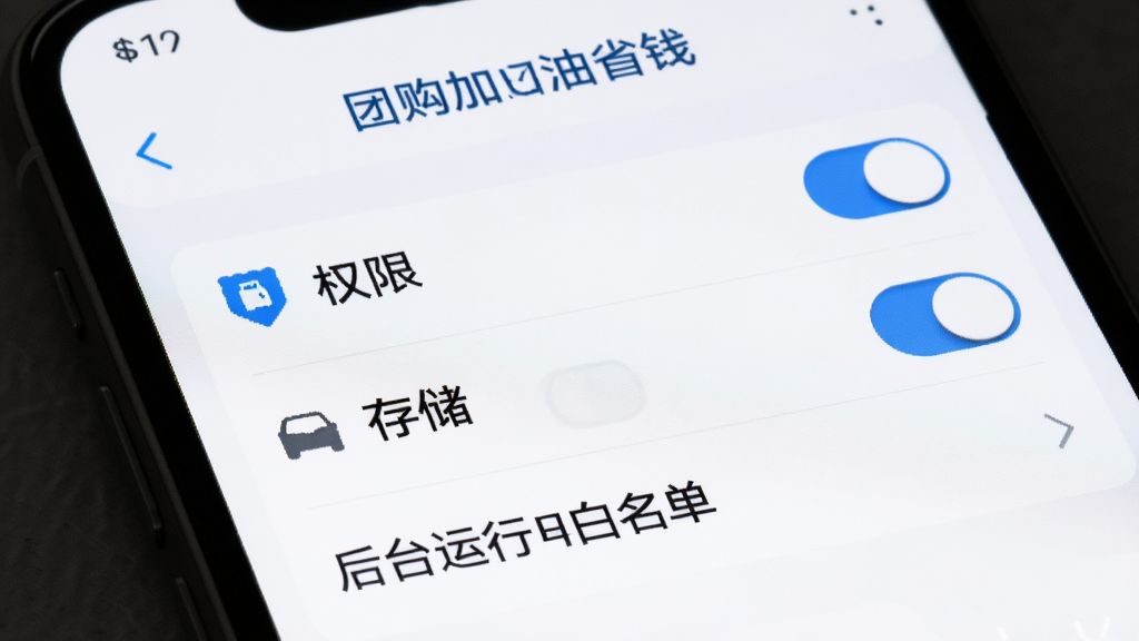 手机屏幕显示设置界面,有定位权限开关、存储权限开关、后台运行白名单选项,界面顶部有