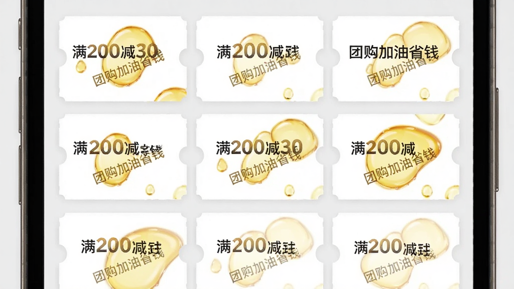 手机屏幕展示优惠券列表,每张券有不同面额如