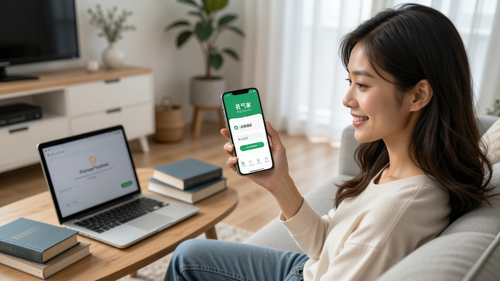 画面主体为一位年轻女士坐在沙发上,手持手机,手机屏幕显示