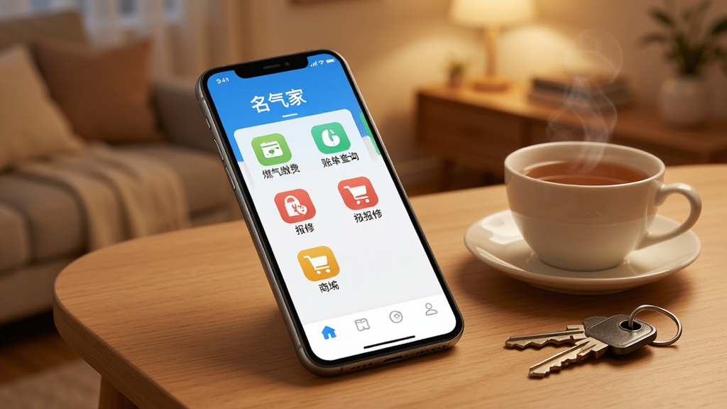 画面主体为一部智能手机,屏幕上显示着