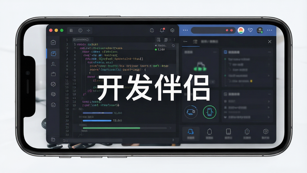 主体是一个手机屏幕中显示代码编辑器和直播推流控制面板的界面,布局为居中展示,排版采用上下分层,风格为科技感扁平化设计,细节包含代码高亮、进度条、设备连接图标,画质为高清干净无多余元素,图片中打文字“开发伴侣”