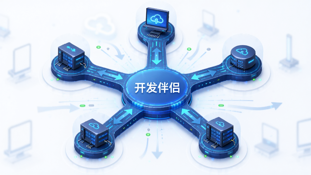 主体是多台设备通过云端互联,布局为星型拓扑结构,排版采用中心向外辐射,风格为未来感蓝色调,细节包含设备图标、同步箭头、状态指示灯,画质高清干净无多余元素,图片中打文字“开发伴侣”