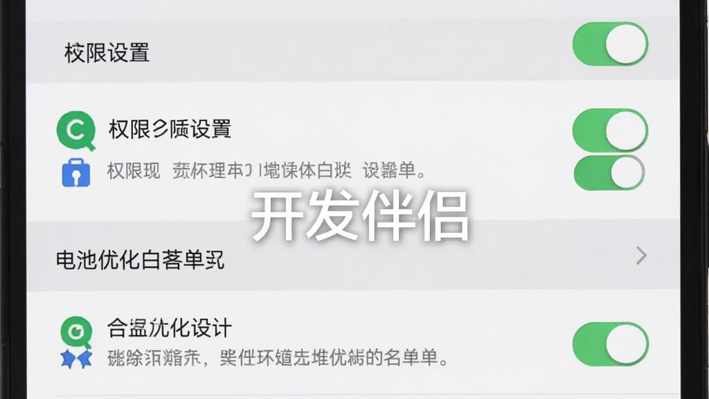 主体是手机界面中显示权限设置与电池优化白名单选项,布局为纵向列表,排版采用清晰分组,风格为系统原生设置风,细节包含开关按钮、权限图标、提示文字,画质高清干净无多余元素,图片中打文字“开发伴侣”