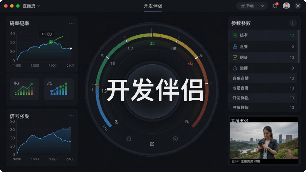 主体是直播推流控制界面,布局为环形仪表盘与参数列表组合,排版采用中心聚焦,风格为深色专业风,细节包含码率曲线、信号强度图标、直播预览小窗,画质高清干净无多余元素,图片中打文字“开发伴侣”