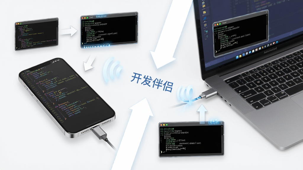 主体是手机与笔记本电脑之间通过无线信号连接,布局为左右对比,排版采用对角线构图,风格为简约科技风,细节包含代码片段、数据流箭头、调试终端窗口,画质高清干净无多余元素,图片中打文字“开发伴侣”