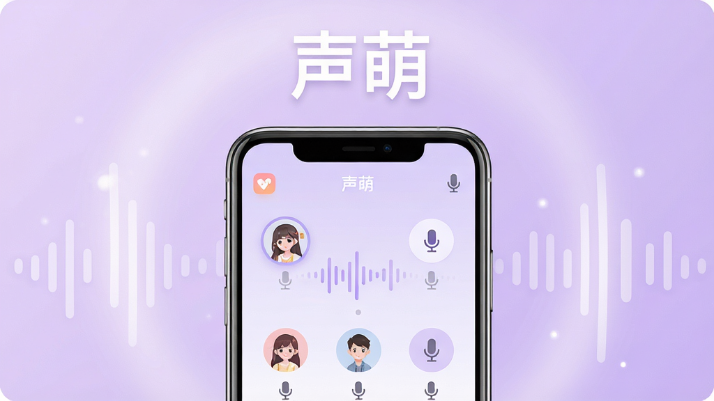 主体为一部智能手机,屏幕中显示声萌软件语音交友界面,界面中有多个圆形语音房间图标和声波跳动特效;布局为手机居中放置,背景为淡紫色渐变光晕;排版简洁,上方留白放置软件名称文字;风格为现代科技感与温馨社交风结合;细节包括手机边缘高光、界面内头像小图、麦克风图标;画质为高清4K,干净无多余元素,画面中打文字“声萌”