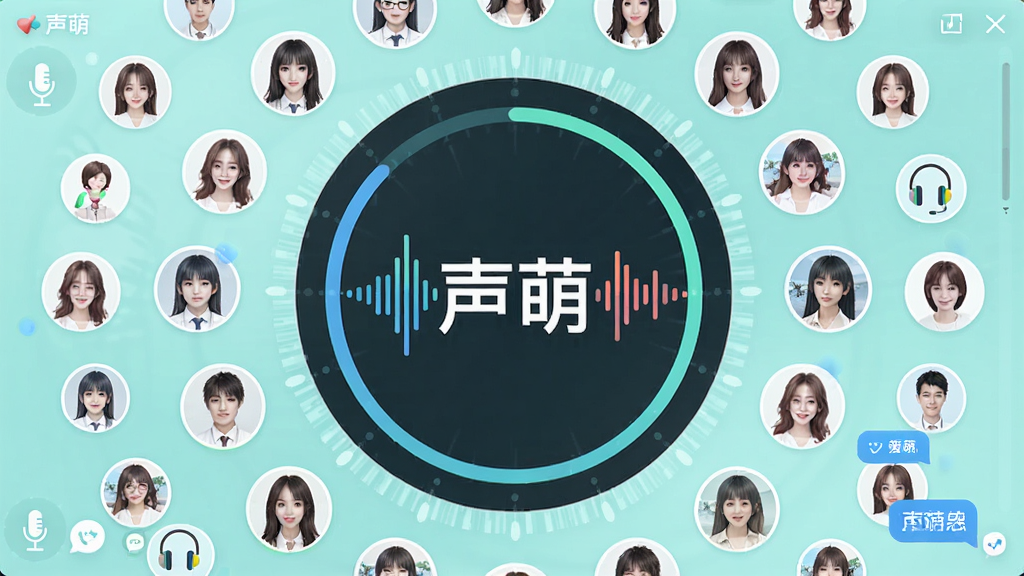 主体为声萌软件界面截图风格,画面中央是声波可视化圆环,周围环绕多个真人头像小图标;布局为圆形放射状排版;风格为清新社交风;细节包括麦克风、耳机、聊天气泡等元素;画质高清,干净无多余元素,画面中打文字“声萌”
