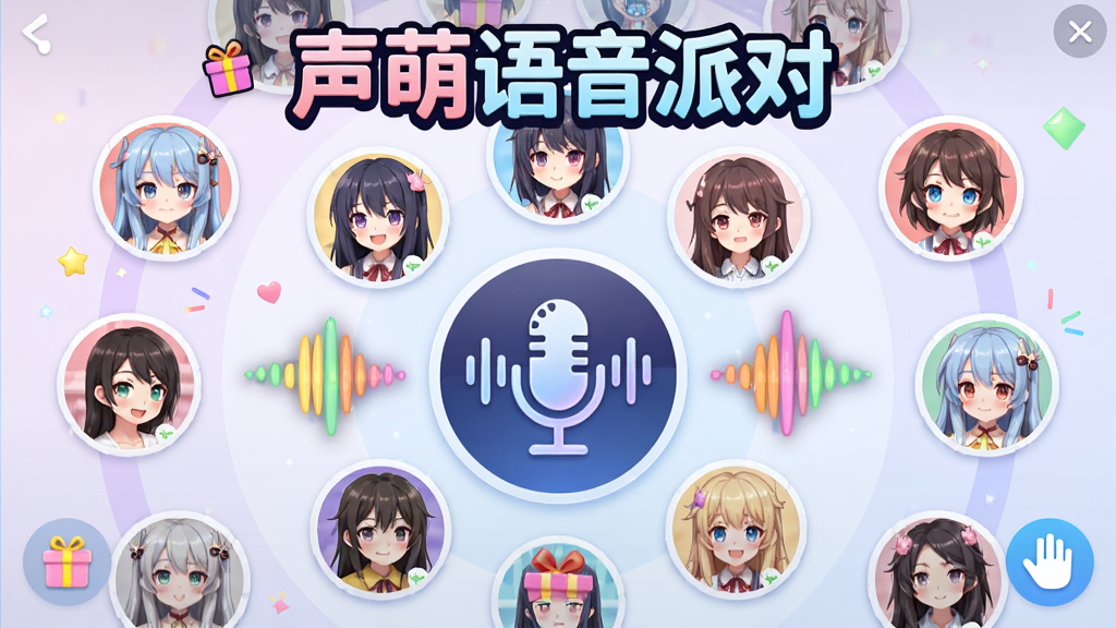 主体为声萌软件多人语音房间界面,画面中有多个圆形头像围绕一个中心麦克风图标排列;布局为环形布局,上方有房间主题文字;风格为活泼娱乐风;细节包括彩色声波、礼物图标、举手按钮;画质高清,干净无多余元素,画面中打文字“声萌语音派对”
