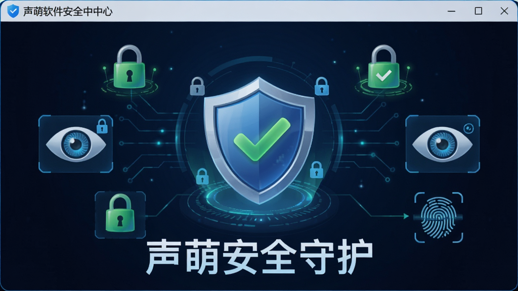 主体为声萌软件安全中心界面,画面中央是一个盾牌图标,周围环绕锁、眼睛、加密符号;布局为盾牌居中,四周元素对称分布;风格为安全科技风;细节包括绿色对勾、指纹识别图标;画质高清,干净无多余元素,画面中打文字“声萌安全守护”