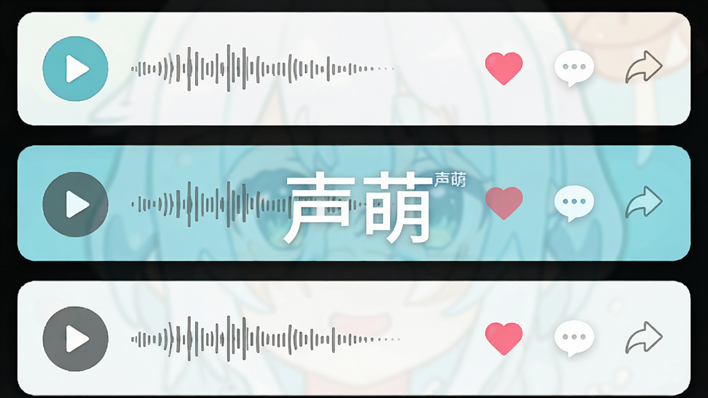 主体为声萌软件动态圈界面,画面中展示多条语音卡片,卡片上有播放按钮和声波条;布局为上下排列的卡片列表;风格为简约清新风;细节包括点赞爱心、评论气泡、分享图标;画质高清,干净无多余元素,画面中打文字“声萌”