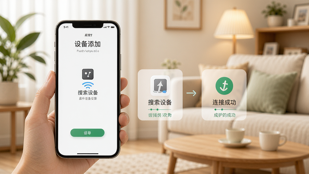 晨潇物想软件设备连接界面,画面展示手机屏幕上的设备添加流程,从搜索设备到连接成功的分步引导,背景是温馨的家居环境,风格简约清新,布局合理,细节丰富,画质清晰,干净无杂乱