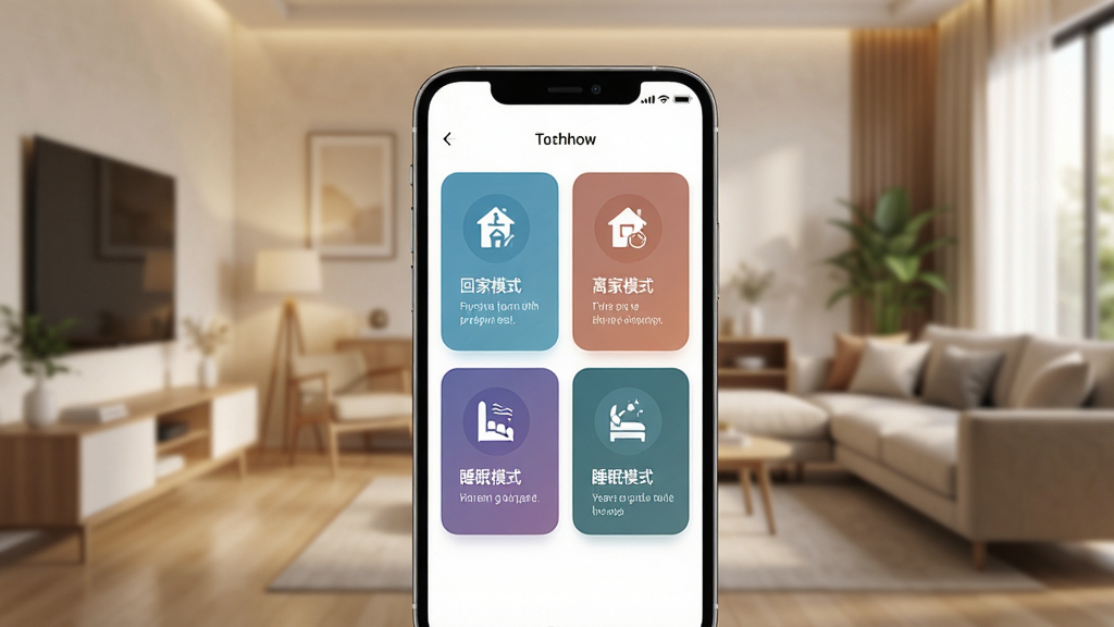 晨潇物想场景联动功能展示,手机屏幕上显示多种智能场景卡片,包括回家模式、离家模式、睡眠模式等,卡片设计精美,图标清晰,背景为现代家居环境,整体风格温馨舒适,布局整齐,画质高清,干净简洁