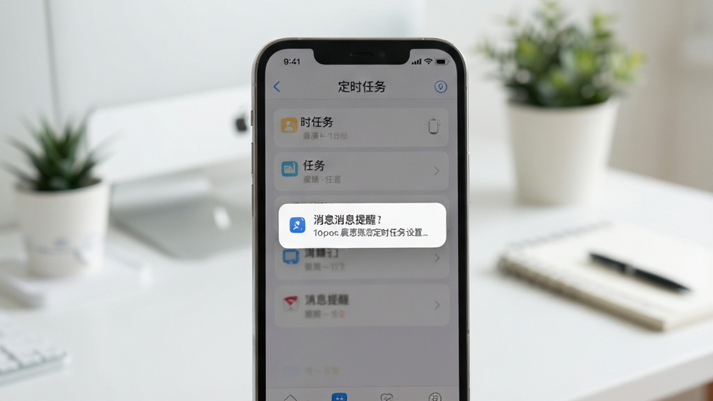 晨潇物想定时任务设置界面,手机屏幕上显示定时任务列表和消息提醒弹窗,背景为简约的办公桌面或家居环境,风格清爽,布局清晰,细节到位,画质高清,干净整洁
