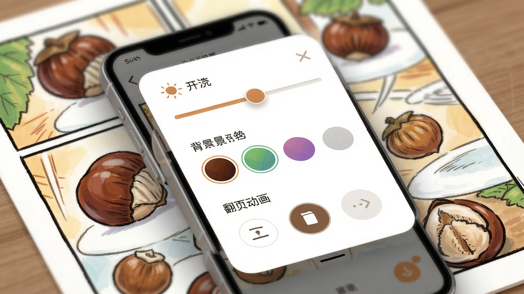 一幅展示栗子漫画个性化设置的AI生图,主体是手机屏幕显示设置面板,布局为面板悬浮于漫画页面上方,排版清晰,风格为柔和圆角设计,细节包括亮度滑块、背景颜色选项、翻页动画选择,画质高清,干净,无多余元素。
