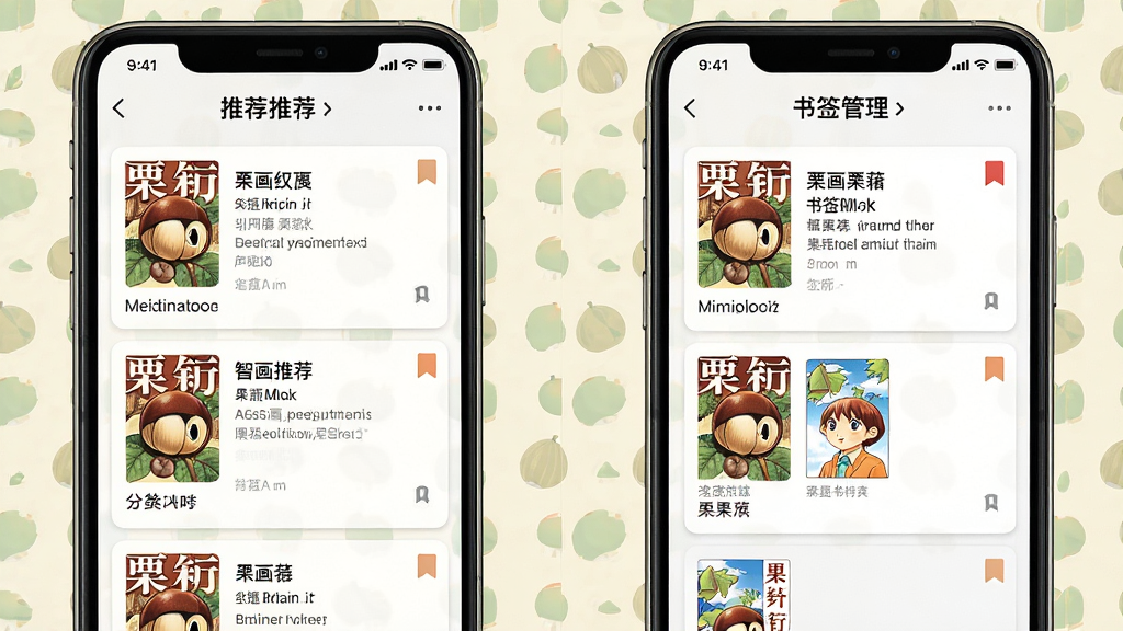 一幅展示栗子漫画智能推荐与书签功能的AI生图,主体是手机界面显示推荐列表和书签管理,布局为左右分栏,左侧推荐,右侧书签,排版对称,风格为清爽卡片式设计,细节包括漫画封面缩略图、书签标记,画质高清,干净,无多余元素。