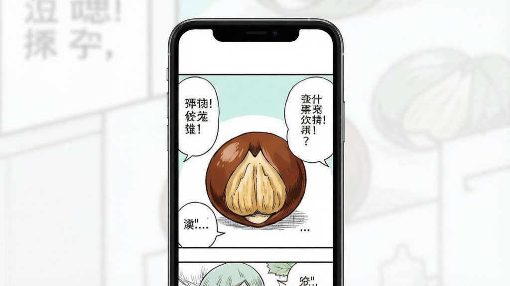 一幅展示栗子漫画纯净阅读界面的AI生图,主体是手机屏幕显示漫画阅读页面,布局为手机居中,屏幕内漫画画面清晰,无任何广告横幅,排版简洁,风格为极简清新风格,细节包括漫画对话框清晰、背景干净,画质高清,干净,无多余元素。