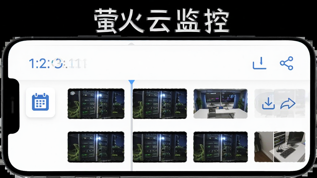 萤火云监控云端录像回放功能展示,画面中手机屏幕显示时间轴和录像片段缩略图,屏幕上方有“萤火云监控”文字,背景为白色简洁风格,布局清晰明了,细节包含日历图标、下载按钮、分享图标,画质高清干净无多余元素