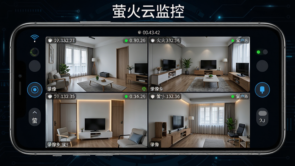 萤火云监控多路实时预览功能展示,画面中一部手机横屏显示四宫格监控画面,每个格子对应不同房间场景,屏幕上方有“萤火云监控”文字,背景为深色科技感风格,布局整齐对称,细节包含时间戳、录像指示灯、清晰度切换按钮,画质高清干净无多余元素