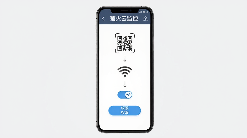 萤火云监控安装设置操作流程图,画面中手机屏幕显示添加设备步骤界面,屏幕上方有“萤火云监控”文字,背景为浅灰色简洁风格,布局从上到下分步骤展示,细节包含二维码扫描图标、WiFi信号图标、权限开关按钮,画质高清干净无多余元素