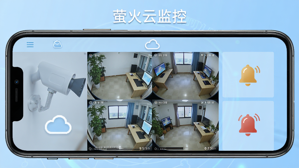 萤火云监控软件主界面全貌展示,画面中央为手机屏幕显示多路摄像头实时画面,屏幕上方有软件名称“萤火云监控”字样,背景为浅蓝色渐变科技风格,布局简洁清晰,风格现代简约,细节包含摄像头图标、云朵图标、报警铃铛图标,画质高清干净无多余元素