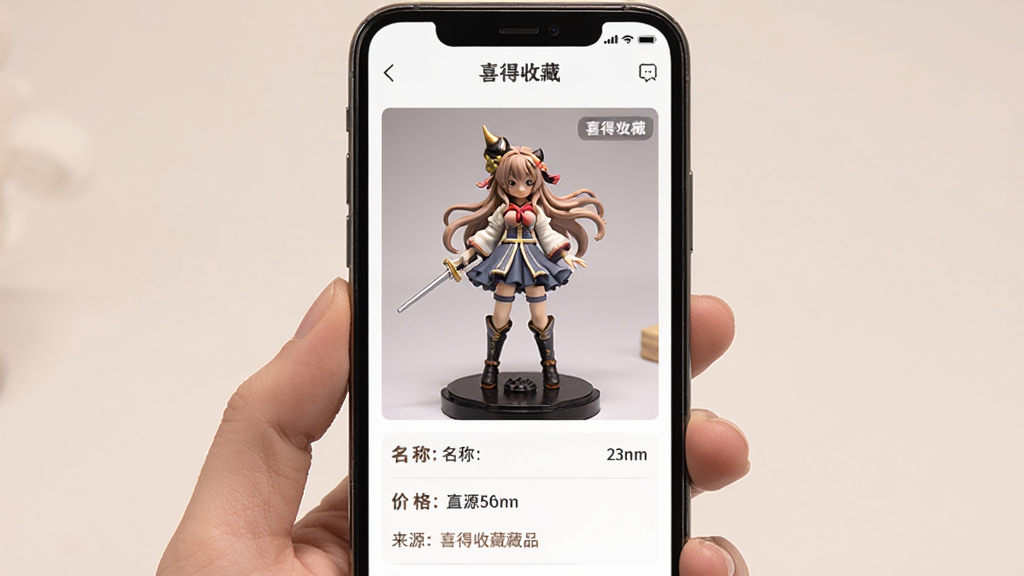 手机屏幕展示喜得收藏藏品详情页面,画面中央是一件精致的手办藏品照片,下方有名称、价格、来源等文字信息栏,布局上下结构,排版清晰,风格柔和,细节丰富,画质高清,干净无多余元素,图片中文字为