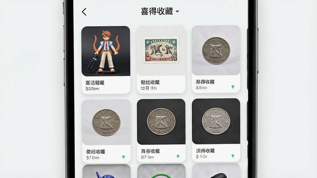 一张手机屏幕展示喜得收藏应用主界面,画面中央是整齐排列的收藏品卡片,包含手办、邮票、钱币等元素,背景为浅色简约风格,布局清晰,排版居中,风格现代扁平化,细节精致,画质高清,干净无多余元素