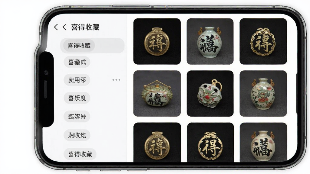 画面展示喜得收藏应用内分类管理界面,左侧为分类标签列表,右侧为对应藏品缩略图网格,主体为手机屏幕特写,布局左右分栏,排版规整,风格清新简约,细节显示标签与图片,画质清晰,干净无多余元素,图片中文字为