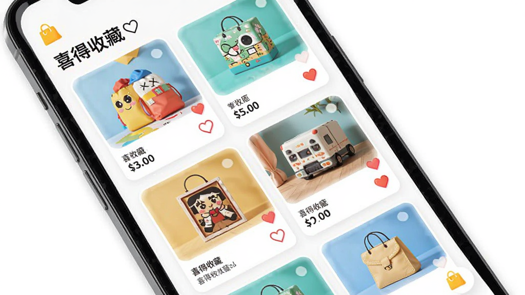 喜得收藏应用心愿单界面,画面展示手机屏幕中排列着多个商品卡片,每个卡片包含商品图片与价格标签,布局为纵向列表,排版整齐,风格明亮活泼,细节显示购物袋图标与心形标记,画质清晰,干净无多余元素,图片中文字为