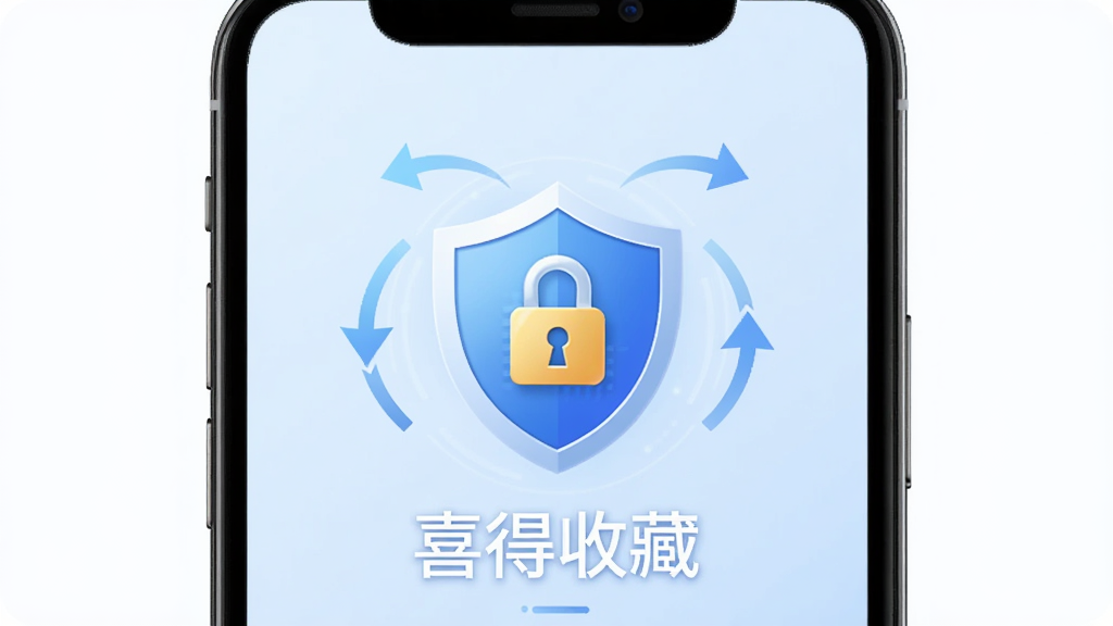喜得收藏数据安全界面,画面展示手机屏幕中盾牌图标与加密锁元素,背景为淡蓝色渐变,布局居中对称,排版简洁,风格科技感与安全感兼具,细节显示数据同步箭头,画质高清,干净无多余元素,图片中文字为