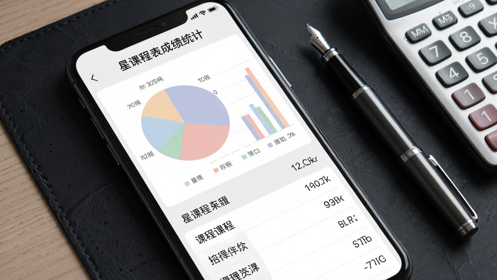 一张展示星课程表成绩统计页面的手机截图,画面为手机屏幕内显示的饼状图与柱状图组合,图表颜色柔和,下方列出课程名称与对应分数,手机放置在深色桌垫上,旁边有一支钢笔和计算器,风格为数据可视化展示,细节要求图表标签清晰、数字可读,画质高清无噪点