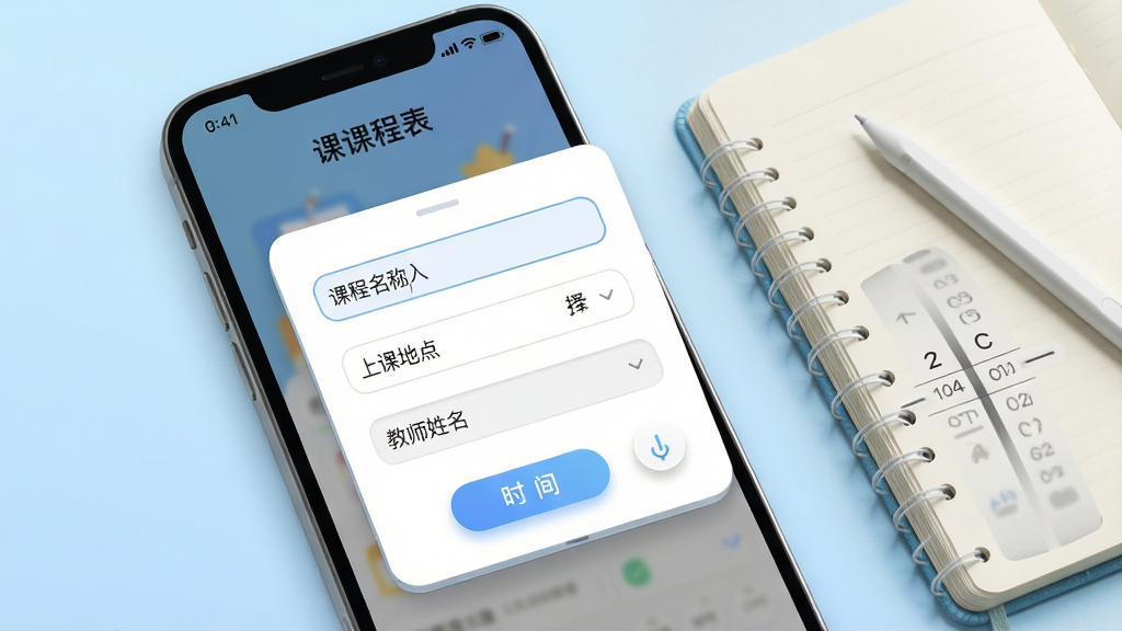 一张展示星课程表智能排课功能的界面截图,画面主体为手机屏幕内显示的课程录入弹窗,弹窗中包含课程名称输入框、上课地点选择器、教师姓名栏与时间选择滚轮,背景为浅蓝色渐变,手机旁边放置着一本翻开的笔记本和一支触控笔,风格为现代教育类APP宣传图,细节要求输入框边缘圆润、按钮带有轻微投影,画质清晰干净,文字内容为中文界面示意