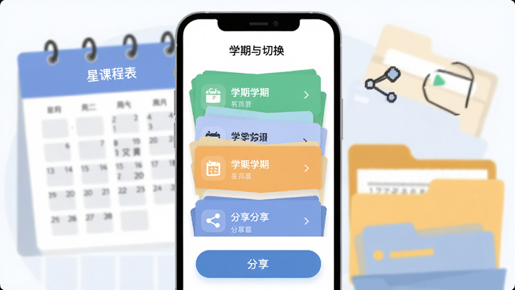 一张展示星课程表多学期切换与分享功能的界面图,画面中手机屏幕显示学期列表与分享按钮,背景为日历与文件夹元素,风格为扁平化插画风,细节要求学期卡片有层次感、分享图标为常见分享符号,画质干净整洁