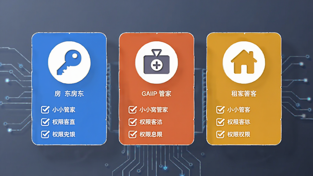 智小窝管家多角色权限管理示意图,画面中央为三个不同颜色的角色卡片并排展示,主体为角色图标与权限列表,布局采用横向排列,风格为简约商务科技风,细节包括房东钥匙图标、管家工牌图标、租客房屋图标、权限勾选框,画质清晰,干净,无多余元素