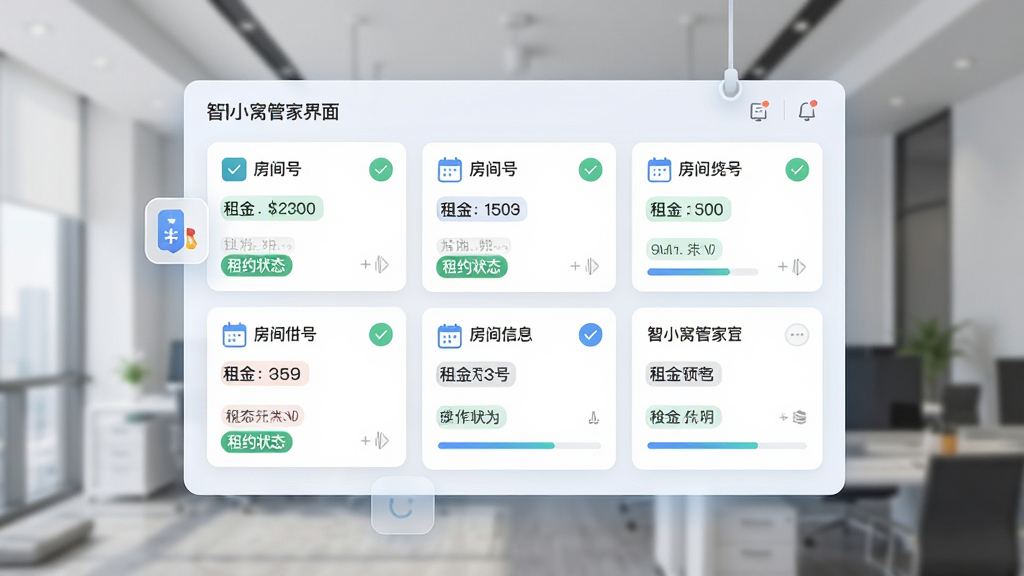 智小窝管家房源管理界面展示图,画面中央为一块悬浮的数字化面板,面板上排列着多张房源信息卡片,卡片内包含房间号、租金金额、租约状态标签,主体位于画面正中,布局采用网格化排版,风格为清新浅色商务风,细节有勾选图标、日历标记、进度条,画质清晰,干净,无多余元素