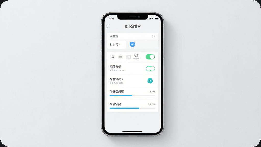 智小窝管家安装设置与权限管理示意图,画面中央为手机屏幕显示权限设置页面,主体是手机与设置选项列表,布局采用上下结构,风格为浅灰质感简约风,细节包含开关按钮、盾牌安全图标、存储空间进度条,画质清晰,干净,无多余元素