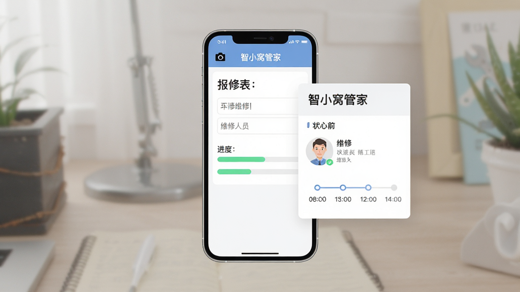 智小窝管家在线报修工单界面图,画面中央为手机屏幕展示报修表单与进度条,主体是手机与工单卡片,布局采用居中对称排版,风格为清爽素雅扁平风,细节包含相机图标、文字输入框、维修人员头像、状态时间轴,画质清晰,干净,无多余元素