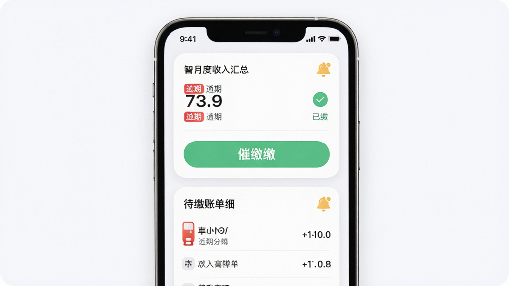 智小窝管家账单催收功能示意图,画面中央展示手机屏幕内的账单列表与催缴按钮,主体为手机与账单面板组合,布局采用上下结构,上方是月度收入汇总,下方是待缴账单明细,风格为柔和圆角卡片风,细节包括红色逾期标签、绿色已缴对勾、铃铛提醒图标,画质清晰,干净,无多余元素