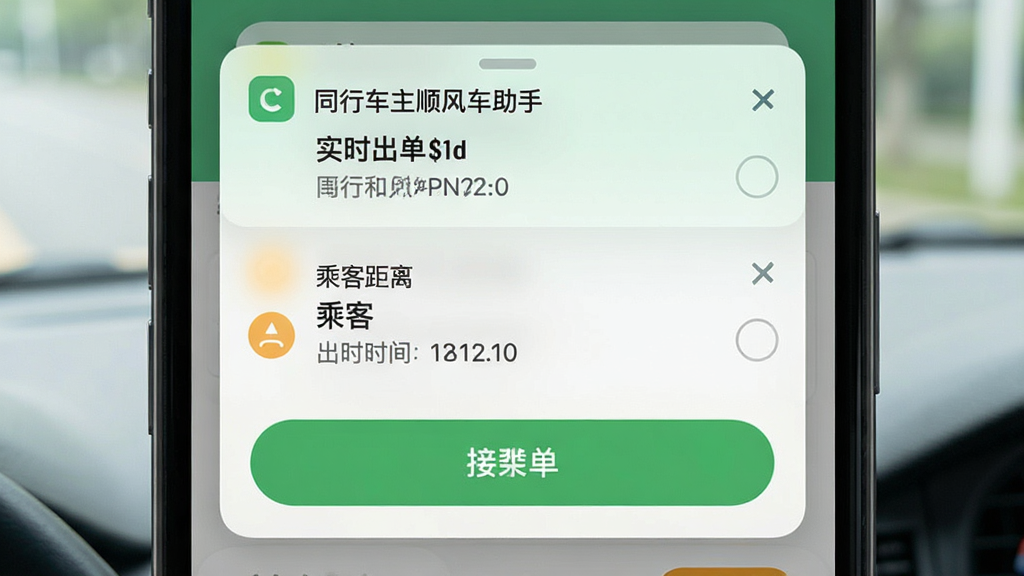 同行车主顺风车助手 实时订单推送界面 主体为手机通知栏弹出订单提醒 布局为上下结构 上方为订单信息卡片 下方为接单按钮 风格为清爽浅色 细节包括订单金额 乘客距离 出发时间 画质清晰 干净 无多余元素