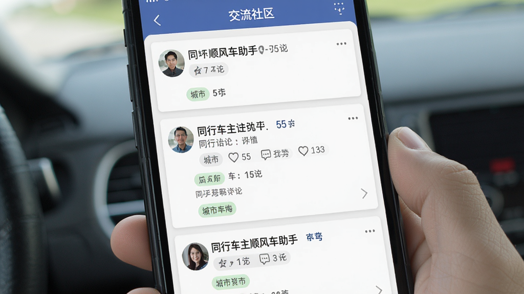 同行车主顺风车助手 同行交流社区界面 主体为手机屏幕上的论坛帖子列表 布局为纵向列表 风格为社交应用风格 细节包括帖子标题 车主头像 点赞评论数 城市标签 画质清晰 干净 无多余元素