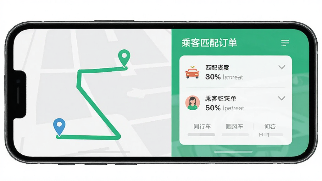 同行车主顺风车助手 智能匹配功能展示 主体为手机屏幕上的路线匹配示意图 布局为左右分栏 左侧显示车主路线 右侧显示乘客订单 风格为扁平化设计 细节包括绿色路线线条 定位图标 匹配度百分比 画质清晰 干净 无多余元素