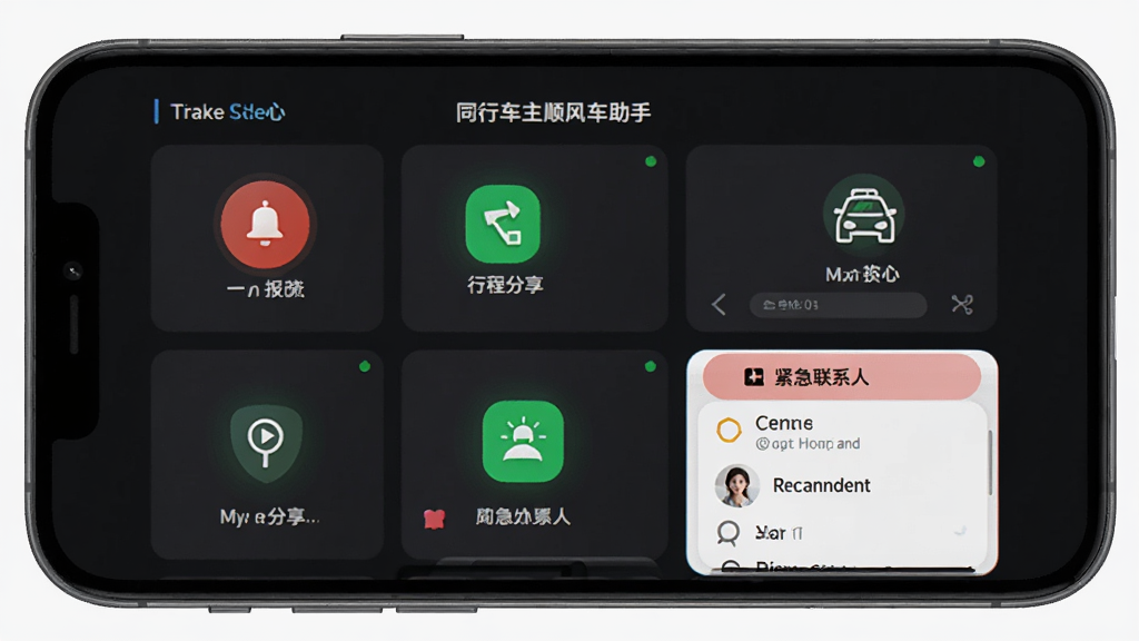同行车主顺风车助手 安全中心界面 主体为手机屏幕上的安全功能面板 布局为网格排列 风格为深色安全主题 细节包括一键报警按钮 行程分享图标 紧急联系人列表 画质清晰 干净 无多余元素