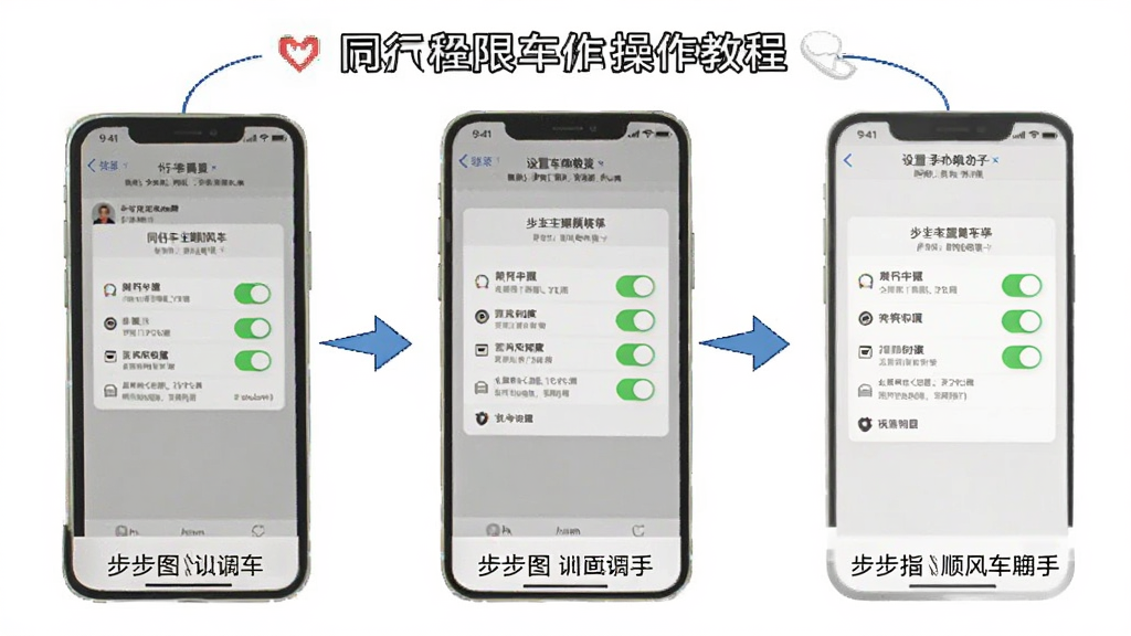 同行车主顺风车助手 手机操作教程示意图 主体为手机屏幕显示设置权限页面 布局为分步图解 风格为教程指引风格 细节包括权限开关 箭头指示 文字说明 画质清晰 干净 无多余元素